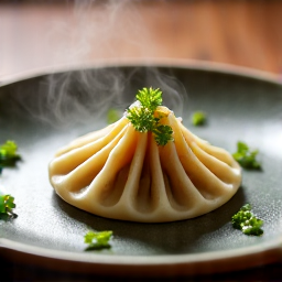 Steaming platter of finished lamb khinkali dumplings, garnished with fresh herbs and ready to serve at Yerevan Sac. The perfectly cooked Georgian dumplings show off their juicy filling and delicate dough, presented invitingly on a rustic plate. A delectable culinary presentation.