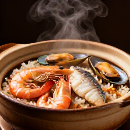 Steaming Seafood Rice Fresh from Kitchen at Yerevan Sac. A close-up of steaming mixed seafood rice with shrimp, fish and mussels served in a traditional clay pot, capturing the aromatic steam and rich colors of this Mediterranean-Caucasian dish in Carmichael.