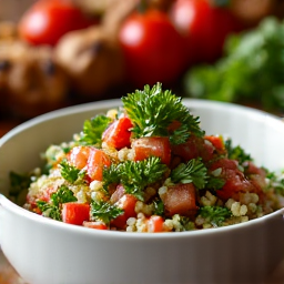 Tabbouleh Salad as a Perfect Side Dish with Grilled Kebabs. A beautifully arranged plate featuring a fresh tabbouleh salad alongside expertly grilled kebabs, demonstrating its versatility as a healthy and flavorful accompaniment to any main course.