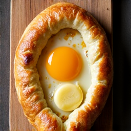 Traditional Adjaruli Khachapuri with vibrant interior, showcasing a runny egg yolk, melted cheese, and fresh butter on a classic ceramic platter. Overhead shot emphasizing fresh, golden-brown baked dough and savory ingredients.
