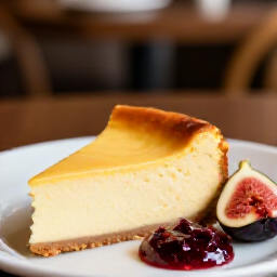 Traditional Armenian Georgian baked cheesecake Sacramento dessert. A rustic slice of baked cheesecake with a golden crust, served with a side of rose petal jam and fresh figs, representing the authentic flavors of Yerevan Sac in Carmichael.