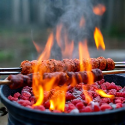 A wide shot of the traditional Caucasian Mangal grill in action, with various kebabs cooking over hot coals. Emphasizes the authentic cooking method used for the best kebabs in Sacramento.