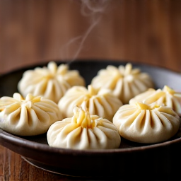 Traditional Khinkali dumplings with steam hand pleated Georgian cuisine. High-resolution image of perfectly pleataed Khinkali dumplings, steam rising, ready to be enjoyed as authentic Georgian dish.