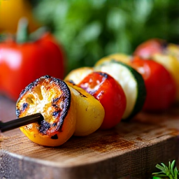 Vibrant grilled vegetable skewers alongside succulent kebabs. Highlighting the fresh ingredients and balanced flavors of Armenian BBQ in Carmichael.