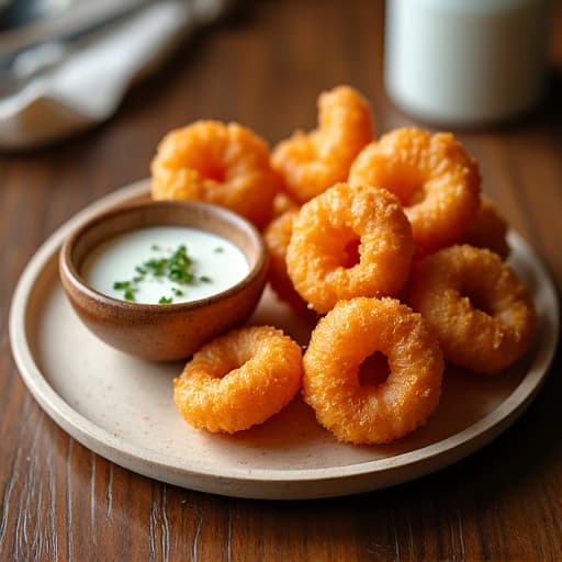 Authentic Georgian Fried Khinkali on wooden platter with sauce. A beautifully presented platter of crispy, golden-brown fried khinkali, capturing the delicious texture and traditional appeal of this Georgian dumpling variant.