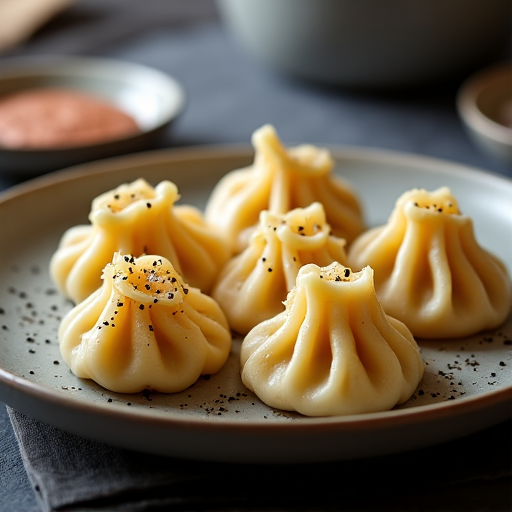 Platter of authentic Georgian Khinkali dumplings on a table