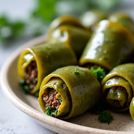 Freshly rolled beef dolma with vibrant herbs ready for cooking, representing authentic Armenian cuisine.