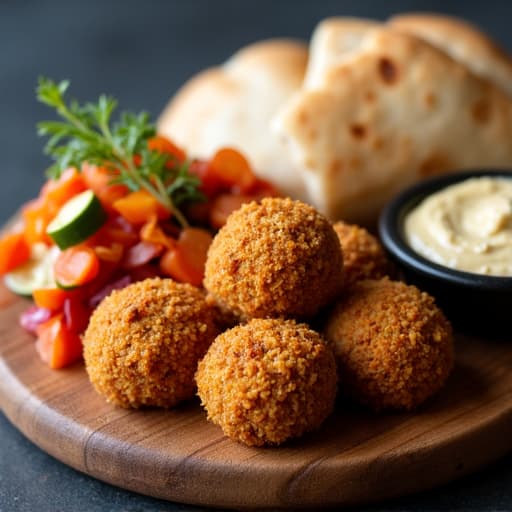 Crispy fresh falafel platters served with tangy pickled vegetables, hummus, and pita bread.