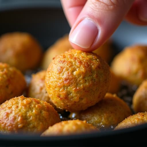 Close-up of fresh falafel being fried to a golden brown, showcasing the crispy texture.