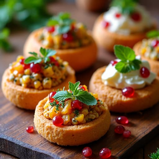 Georgian Pkhali appetizer spread on wooden board, with various vibrant vegetable and walnut spreads, garnished with fresh herbs and pomegranate seeds.