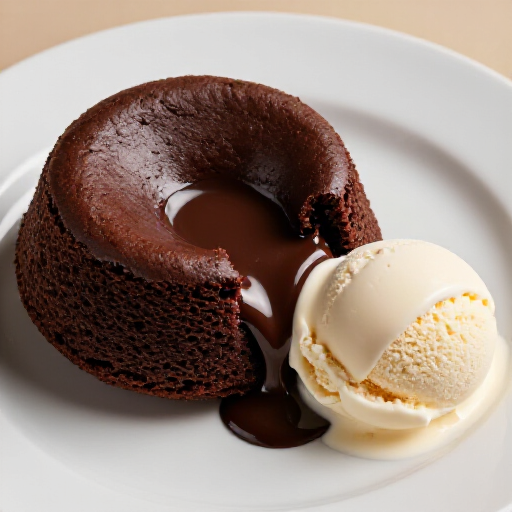 Warm molten lava cake served with vanilla ice cream at Yerevan Sac in Carmichael. A decadent chocolate dessert with a gooey center, served on a white plate with a scoop of premium vanilla ice cream melting on the side, garnished with a dusting of powdered sugar and fresh mint.