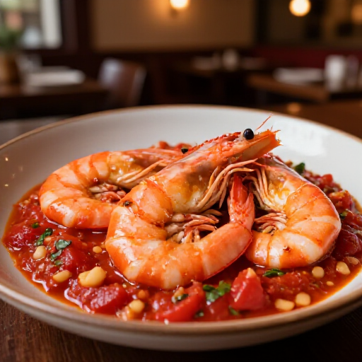 Plump shrimp sautéed in rich house-made garlic-tomato sauce at Yerevan Sac in Carmichael. Signature Caucasian seafood dish presented beautifully with fresh herbs, vibrant tomato sauce, and warm restaurant ambiance.