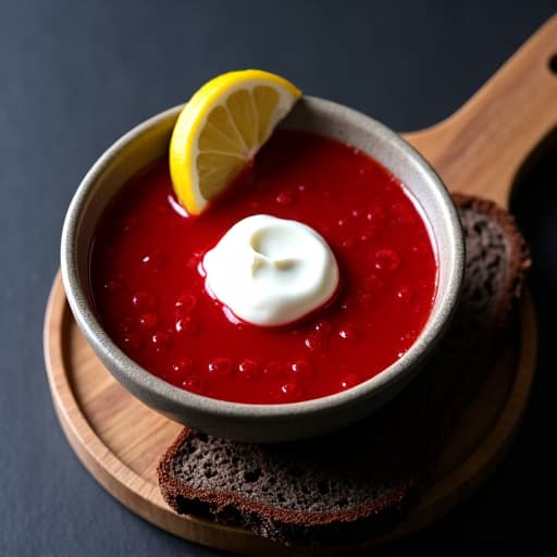 Authentic Borscht Beet Soup with creamy topping and dark bread