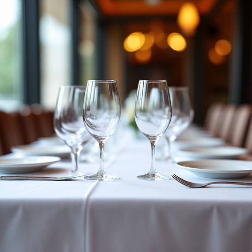 Corporate event professional staff meticulously arrange a table for a business dinner.