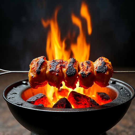 Authentic mangal charcoal grill with flame-grilled chicken kebab and vegetables, capturing the sizzling, smoky essence of traditional Caucasian cooking.