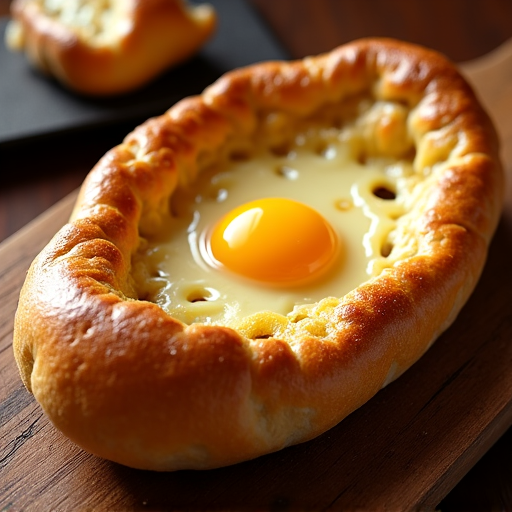 An authentic Adjaruli Khachapuri, a Georgian cheese boat, with melted cheese, a runny egg yolk, and a pat of butter, ready to be enjoyed at Yerevan Sac in Carmichael.