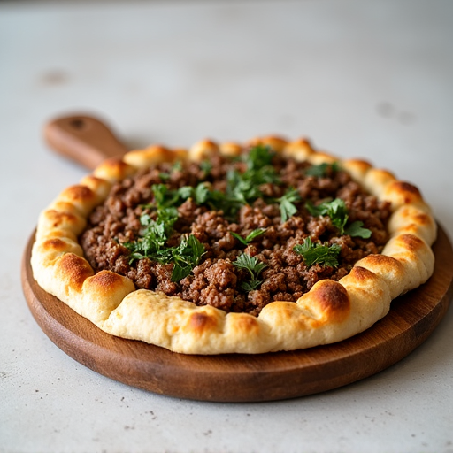 Authentic Armenian Lahmajoun flatbread with fresh herbs and meat topping on a rustic wooden board.