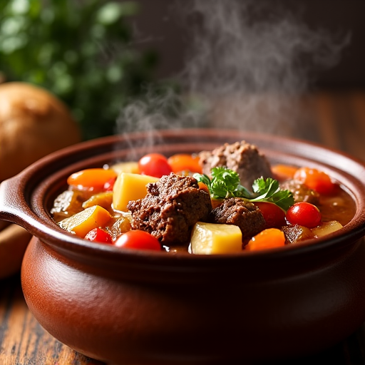 Armenian Lamb Khashlama, a slow-cooked stew with lamb, potatoes, and vegetables, steaming in a rustic pot.