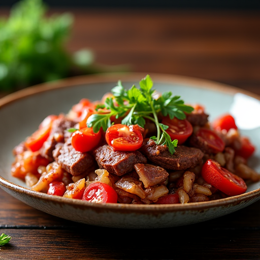 Authentic Armenian Tjvjik: thinly sliced liver and heart sautéed with onions, bell peppers, tomatoes and fresh herbs, served on a plate