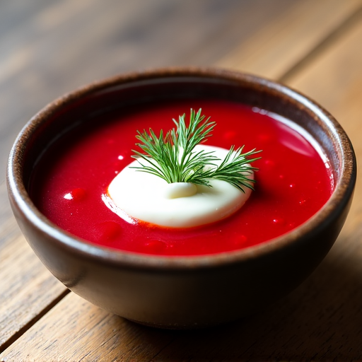 A vibrant bowl of borscht garnished with fresh dill and a dollop of sour cream, reflecting traditional preparation.