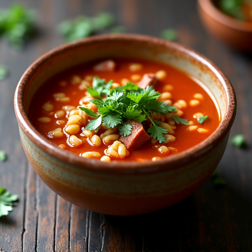Traditional Georgian Kharcho Soup with beef, rice, and fresh herbs, served in a rustic bowl.