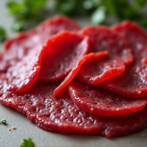 Authentic Armenian Basturma, thinly sliced and ready to serve, showcasing its deep red color and chaman spice crust.