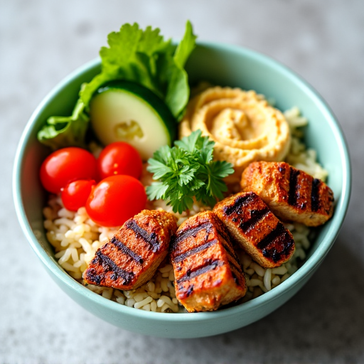 A freshly made build-your-own Mediterranean lunch bowl featuring grilled chicken, various fresh vegetables, and a healthy grain base. A perfect option for a quick and nutritious meal in Carmichael.