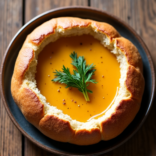 Traditional Chikhirtma Georgian Chicken Soup in a hallowed bread bowl