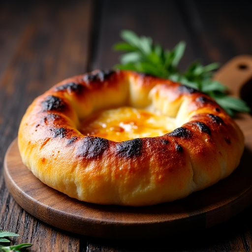 Fire Grilled Khachapuri, a Georgian cheese bread, served with fresh vegetables and sauces