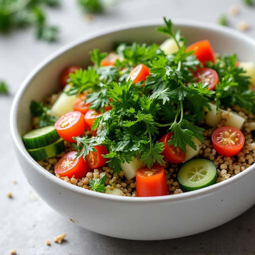 Freshly prepared tabbouleh salad with finely chopped parsley and bulgur