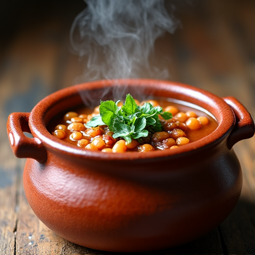Authentic Georgian Lobio, a hearty pinto bean stew, served in a traditional clay pot, emphasized as naturally vegan. Georgian Lobio clay pot bean stew with herbs, spices, and a side of fresh bread.