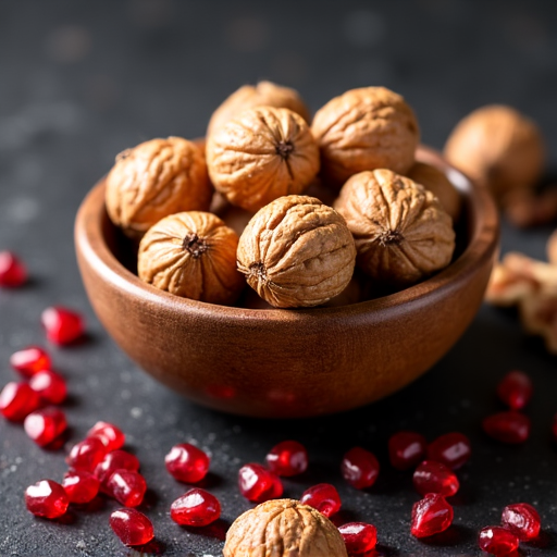 Georgian mezze platter with walnuts, pomegranate, and fresh herbs, highlighting health benefits.