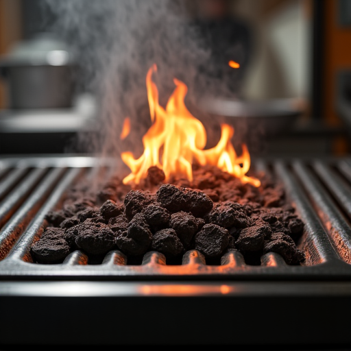 Traditional Caucasian mangal grill with flames and skewered meat cooking over charcoal