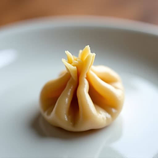Close-up of a hand holding a freshly cooked Khinkali dumpling, showcasing the perfect pleats and steam rising, emphasizing the warm broth inside.