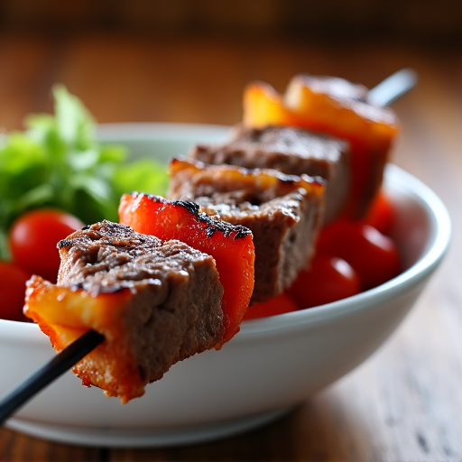 Four different kebab styles, including lula, shish, and shashlik, on a platter with fresh vegetables and garnishes at Yerevan Sac.