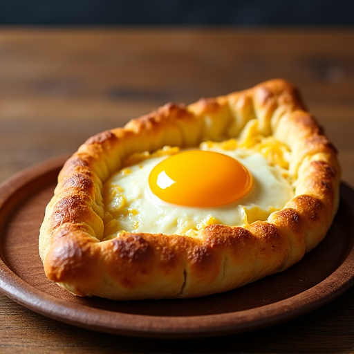Traditional Khachapuri on a table at a Mediterranean restaurant in Fair Oaks, CA.