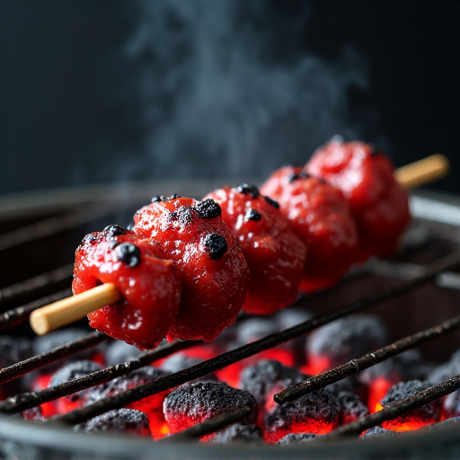Traditional charcoal mangal grill with skewers of sizzling kebabs in Sacramento.