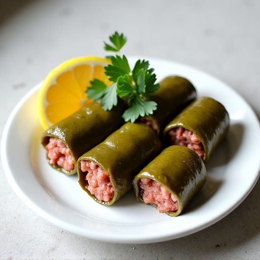 Succulent Armenian Beef Dolma, perfectly rolled in grape leaves, nestled on a white plate with fresh herbs and a lemon wedge, ready to be served at Yerevan Sac.
