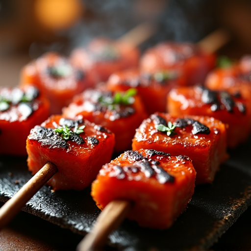 Traditional Armenian pork shashlik grilling over wood charcoal for authentic khorovats