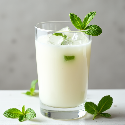 Traditional Armenian Tan yogurt drink served in a glass, with mint and ice, refreshing Caucasian beverage