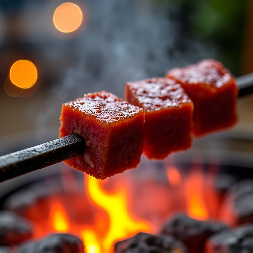 A chef tending to a live charcoal grill, with flames and smoke rising from skewers of meat, emphasizing authentic charcoal grilling at Yerevan Sac in Carmichael, CA.