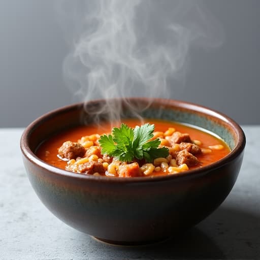 A steaming bowl of authentic Kharcho soup, garnished with fresh herbs, showcasing the rich colors and textures of the traditional Georgian beef-and-rice soup. This image emphasizes the use of traditional ingredients like walnut paste and Caucasian spices, and highlights the dish as a unique offering from a regional hub for Caucasian cuisine in Carmichael, CA.
