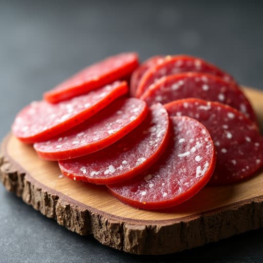 Close up of various cured meats and spices on a wooden table, showcasing the artisanal dry-curing process for Basturma and Sujuk, highlighting the traditional method of preparing Caucasian charcuterie.