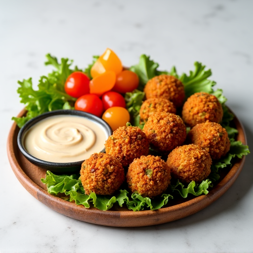 Freshly fried falafel with tahini sauce and pickled vegetables