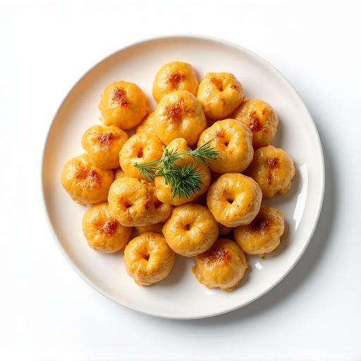 Fried Khinkali plate garnished with herbs.