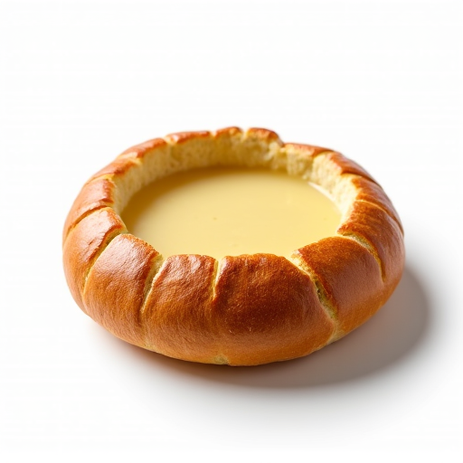 Georgian Chikhirtma chicken soup served in a freshly baked bread bowl