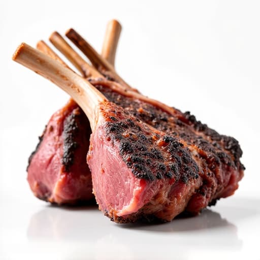 Close-up of expertly grilled lamb rack on a mangal grill, highlighting tender charcoal perfection. This image features the rich, unique charcoal flavor and the perfectly cooked, juicy meat.