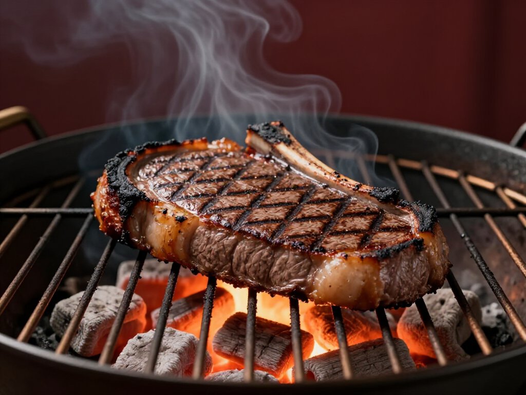 Perfectly seared rib eye steak on a charcoal mangal grill at Yerevan Sac in Carmichael, CA