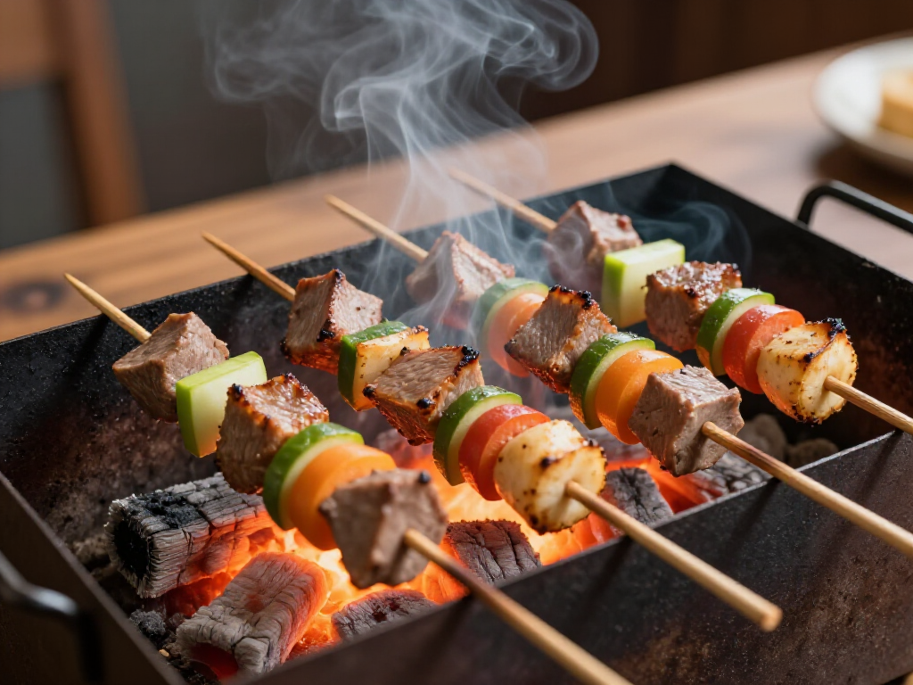 Close-up of a sizzling BBQ Assorted Plate with skewers of kebab, grilled vegetables, and lavash bread on a rustic wooden table at Yerevan Sac restaurant in Carmichael. Charcoal-grilled meats with vibrant color and steam rising.