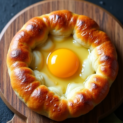 Close-up of Adjaruli Khachapuri with Egg and Melting Butter. An irresistible close-up of a boat-shaped Adjaruli Khachapuri, featuring a perfectly cooked egg yolk and a pat of butter melting into the rich cheese filling, highlighting its golden crust.